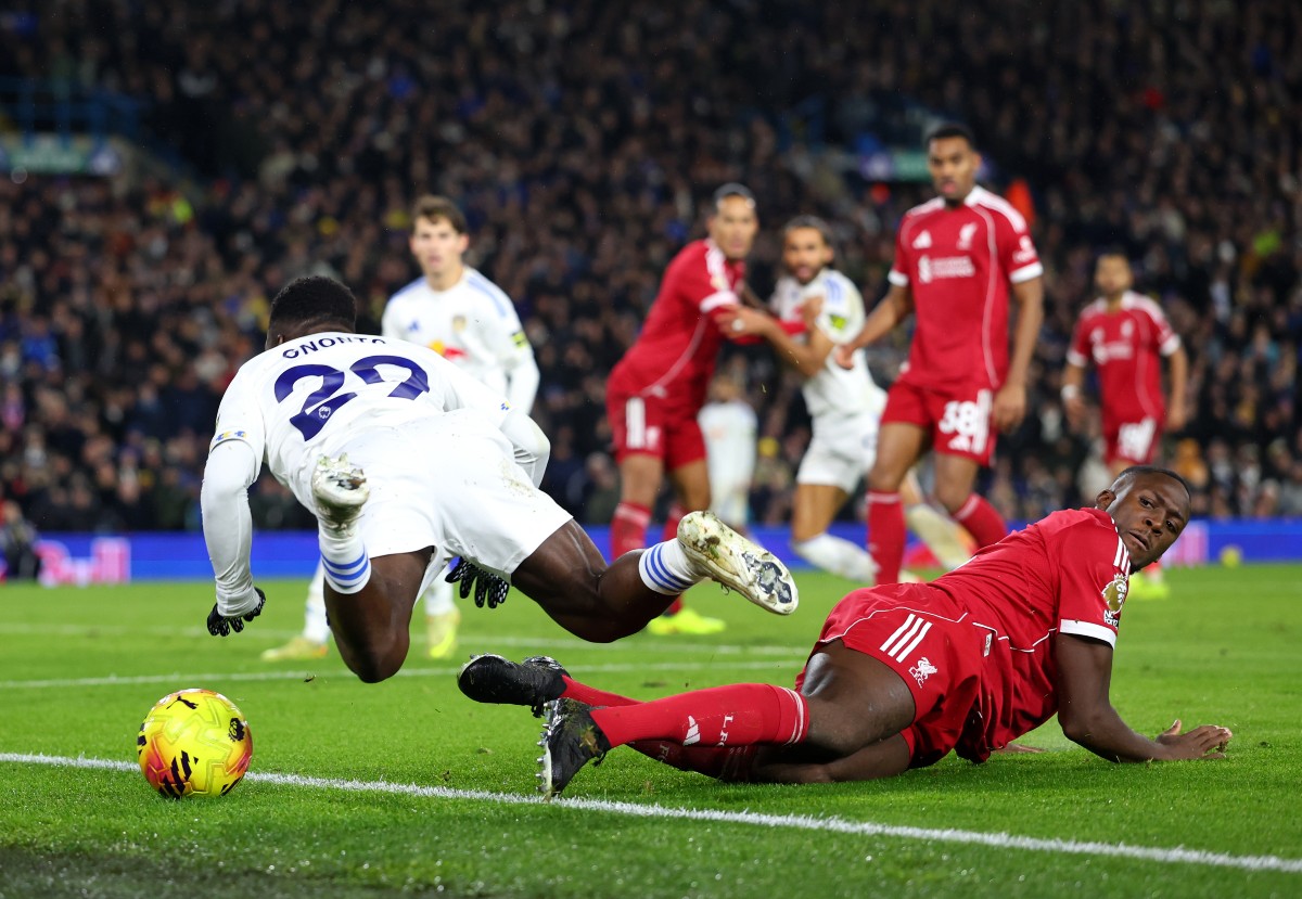 Ibrahima Konate concedes a penalty for Liverpool against Leeds