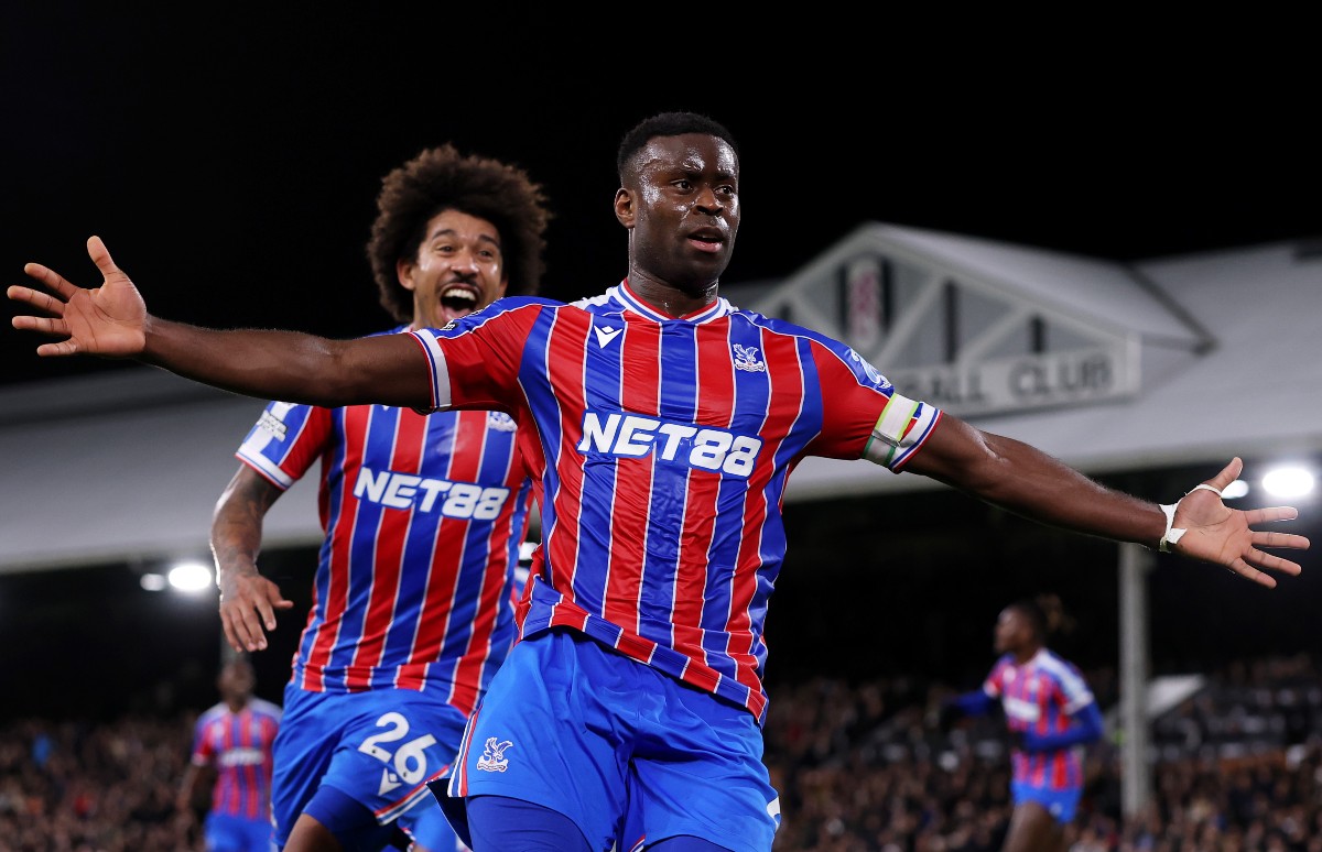 Marc Guehi celebrates a goal for Crystal Palace against Fulham
