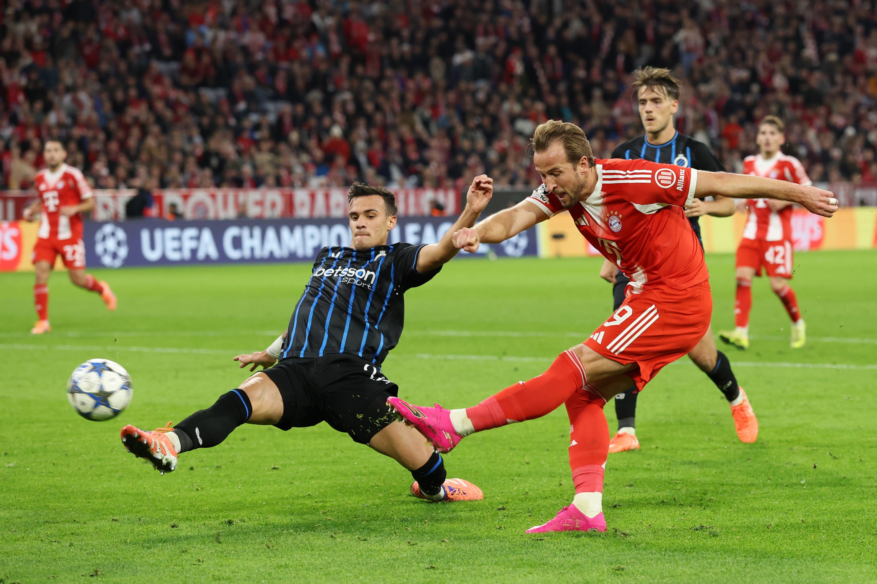 Harry Kane of Bayern Munich has an attempted shot whilst under pressure from Aleksandar Stankovic of Club Brugge