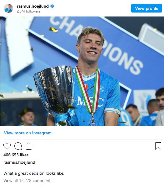 Rasmus Hojlund celebrando en Instagram