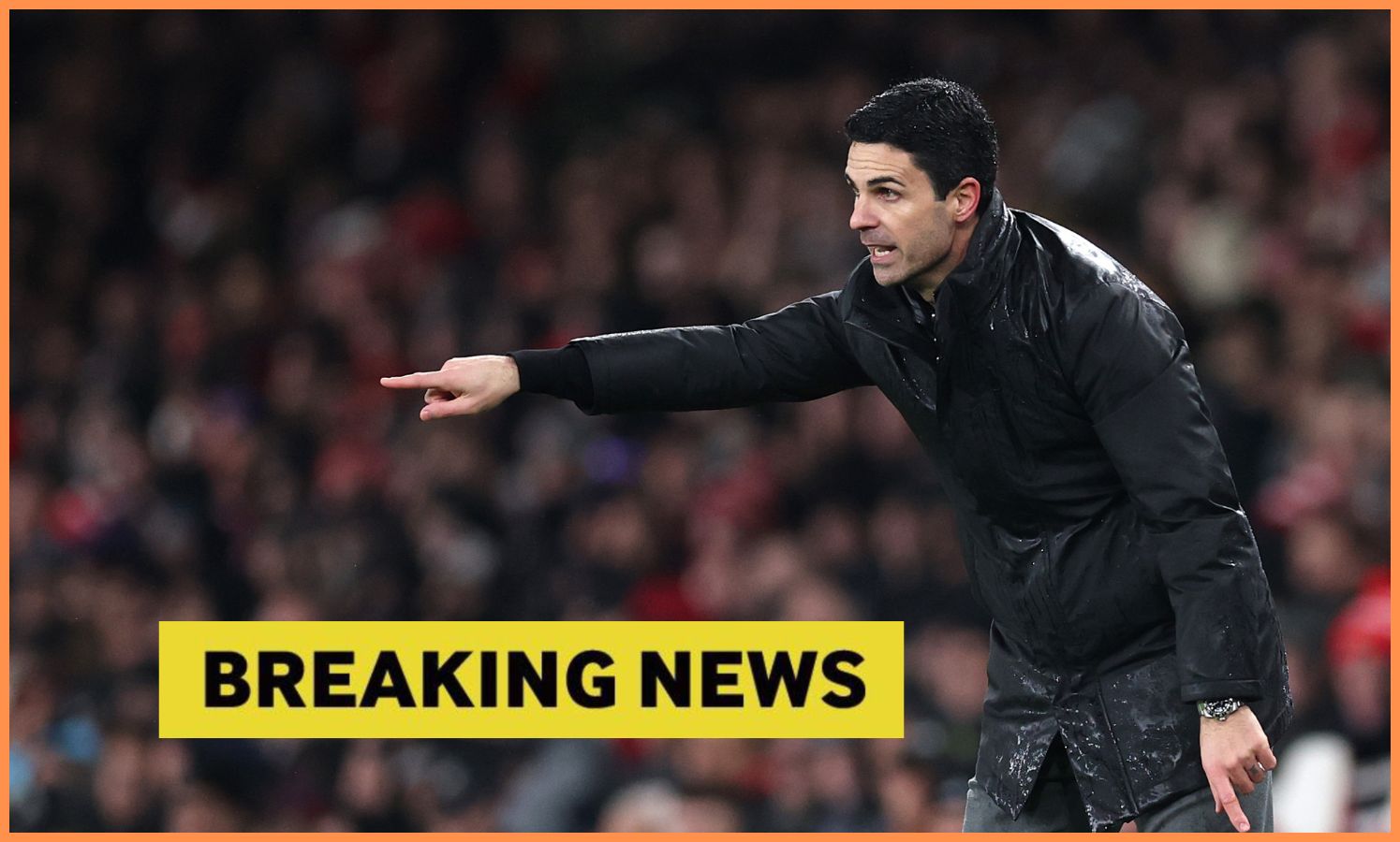 Arsenal's Mikel Arteta and 'breaking news' banner