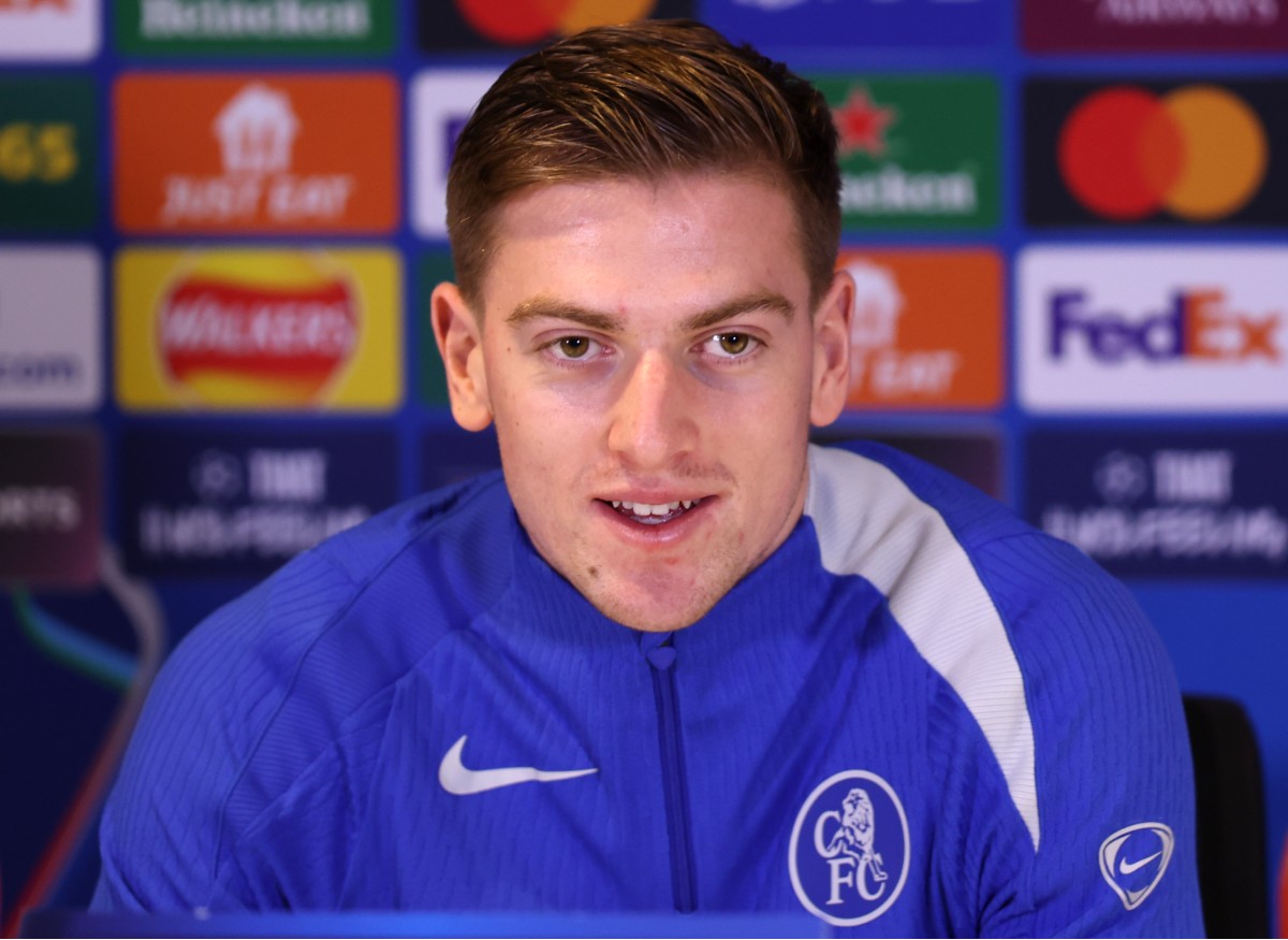 Chelsea striker Liam Delap at a press conference