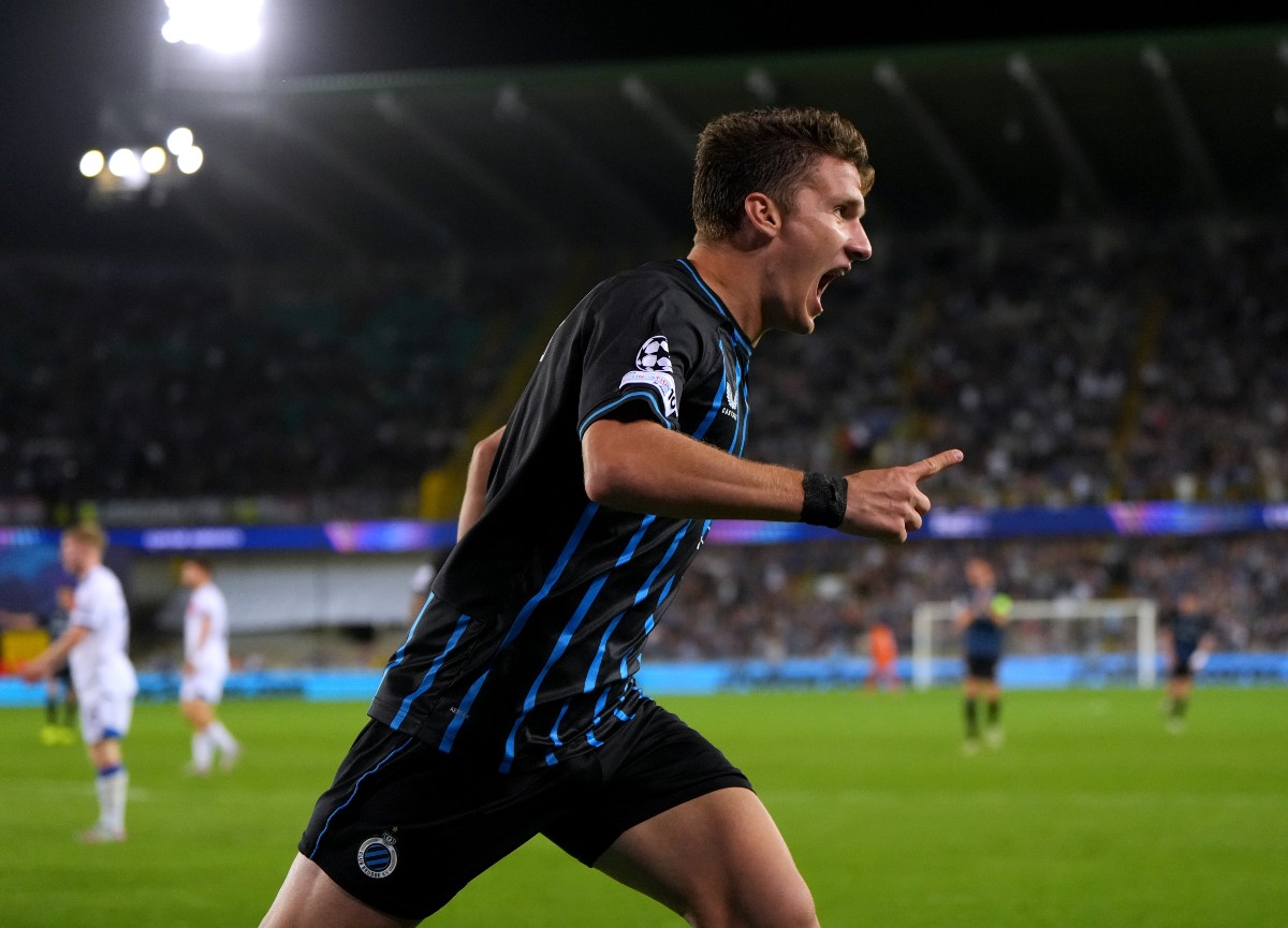 Christos Tzolis celebrates a goal for Club Brugge