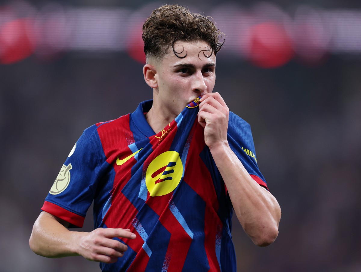 Fermin Lopez celebrates a goal for Barcelona