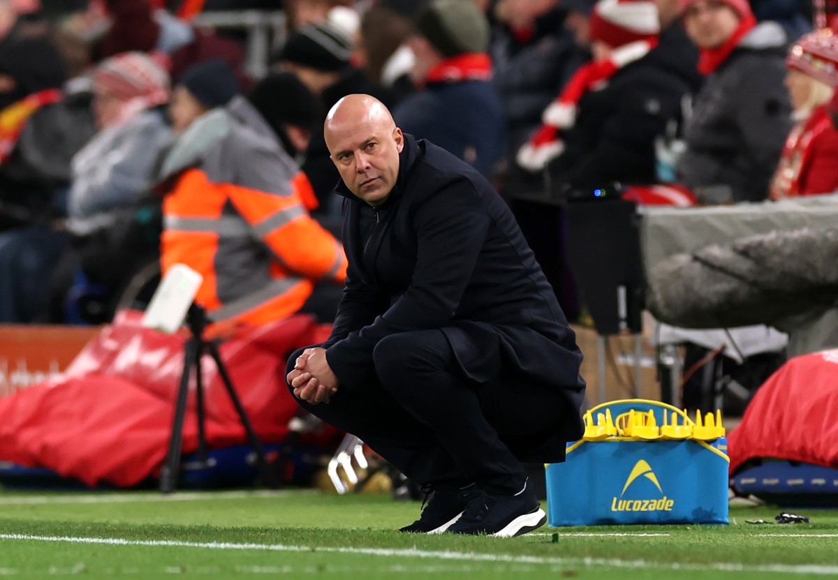 Liverpool manager Arne Slot reacts during the 0-0 draw vs Leeds