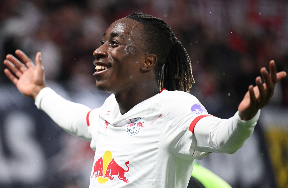 Yan Diomande celebrates a goal for RB Leipzig