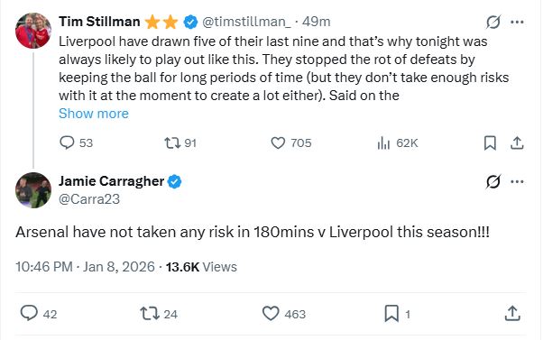 Jamie Carragher's dig at Arsenal on X