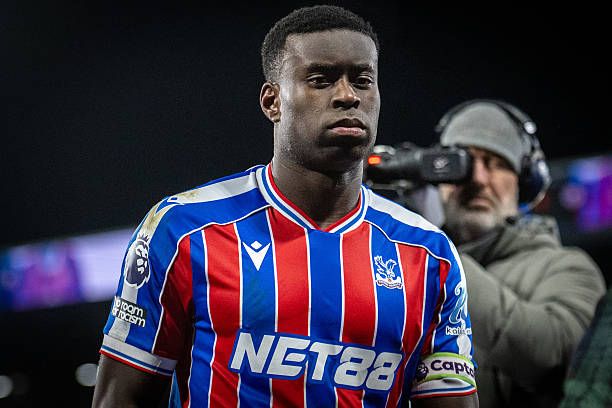 Marc Guehi of Crystal Palace looks on during the Premier League match between Crystal Palace and Aston Villa at Selhurst Park.