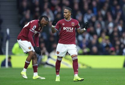 West Ham United's Crysencio Summerville celebrates scoring his side's first goal during the Premier League match between Tottenham Hotspur and West Ham United at Tottenham Hotspur Stadium.