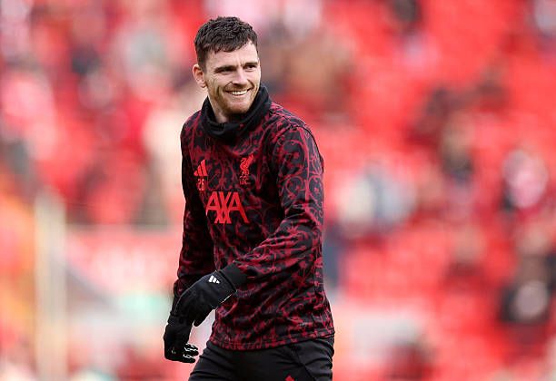 Andrew Robertson of Liverpool warms up prior to the Premier League match between Liverpool and Burnley at Anfield.