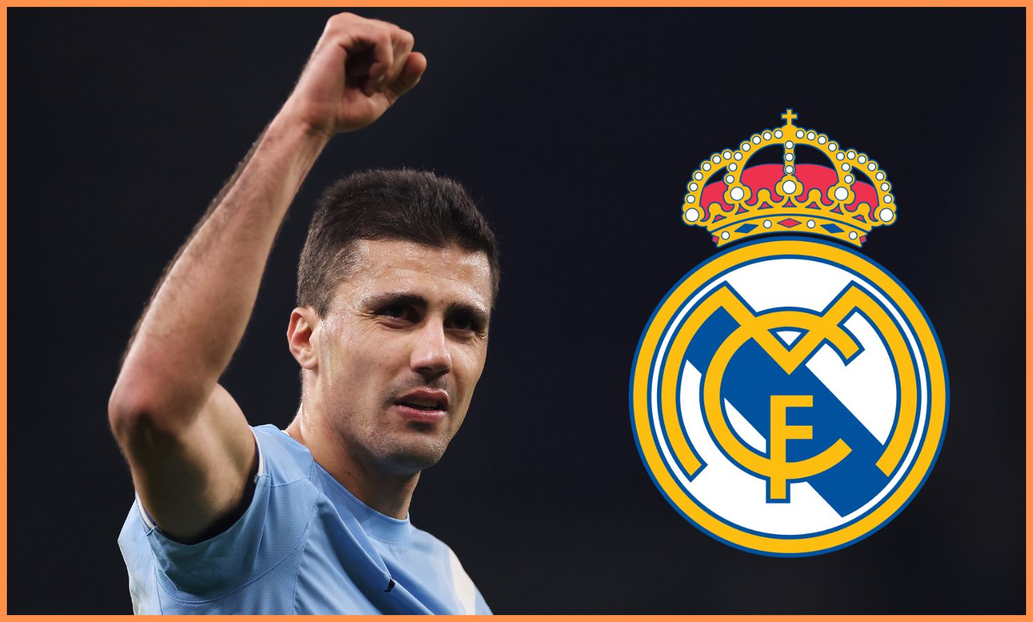 Manchester City midfielder Rodri and the Real Madrid logo