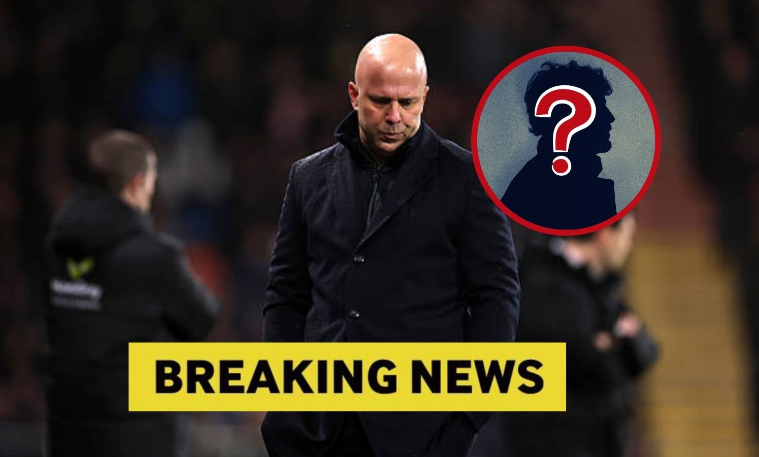 Arne Slot looking dejected with overlay of mystery player and breaking news