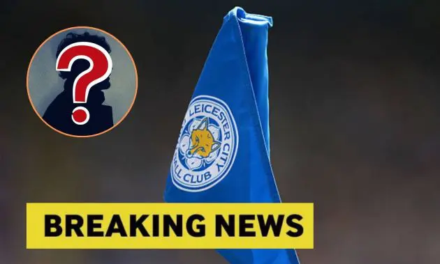 Leicester City corner flag with overlay of mystery man and breaking news