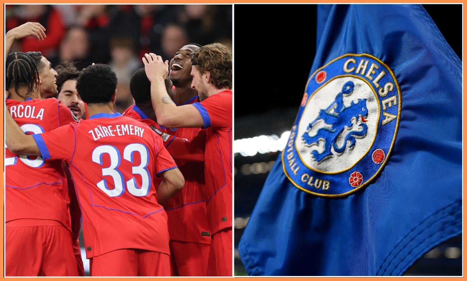 Ousmane Dembele and the Chelsea logo