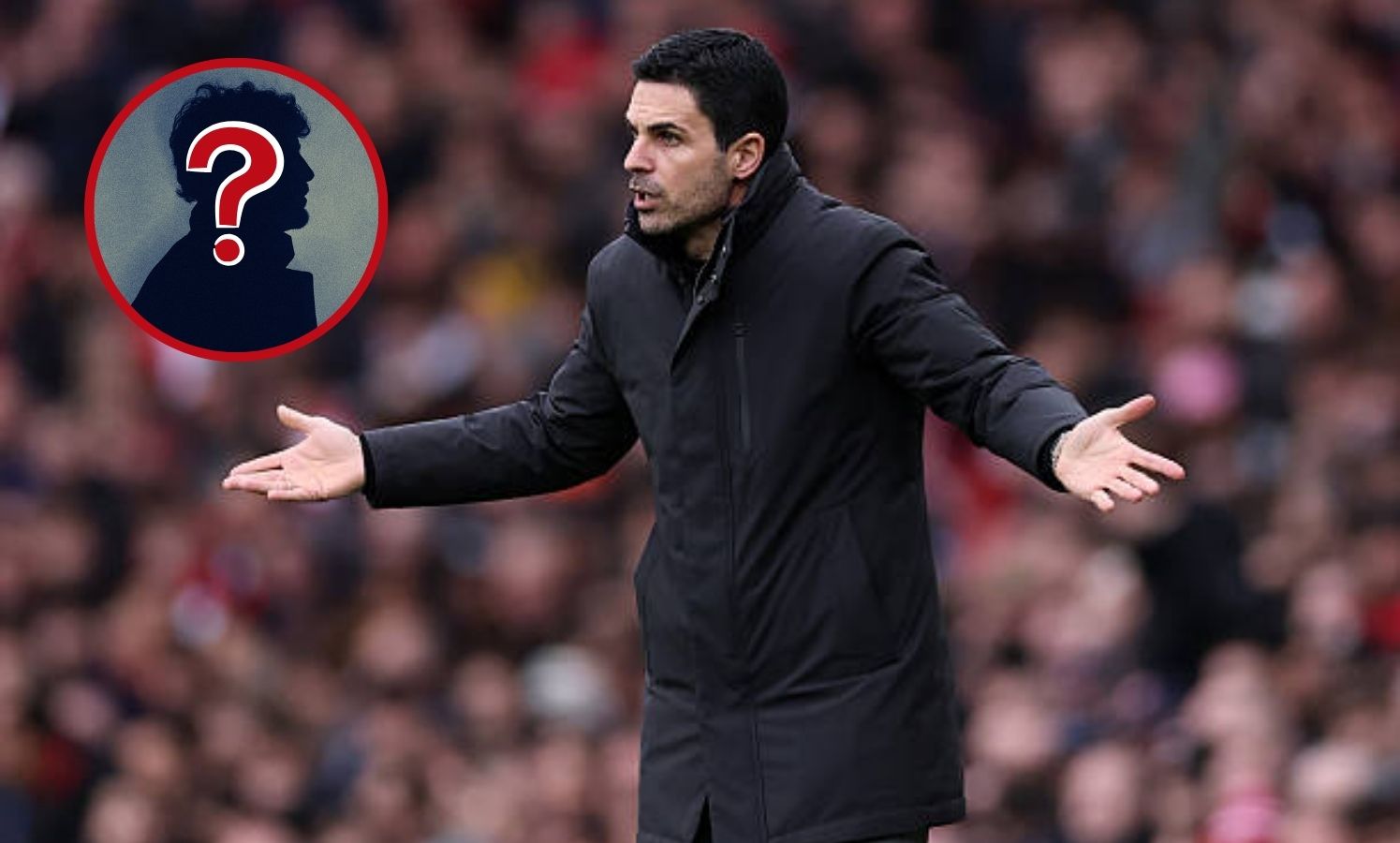 Mikel Areta on the touchline for Arsenal with overlay of mystery player