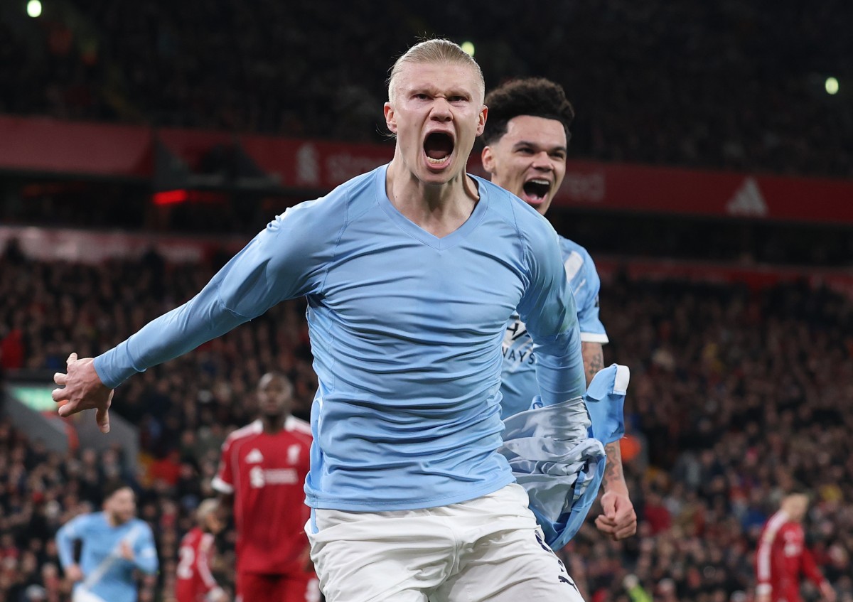 Erling Haaland celebrates scoring for Manchester City against Liverpool
