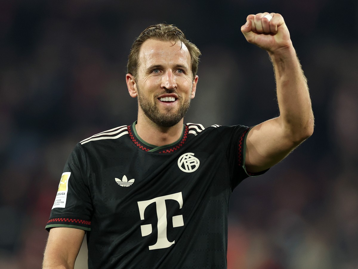 Harry Kane celebrates a goal for Bayern Munich this season