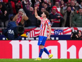 Julian Alvarez celebrates a goal for Atletico Madrid against Barcelona