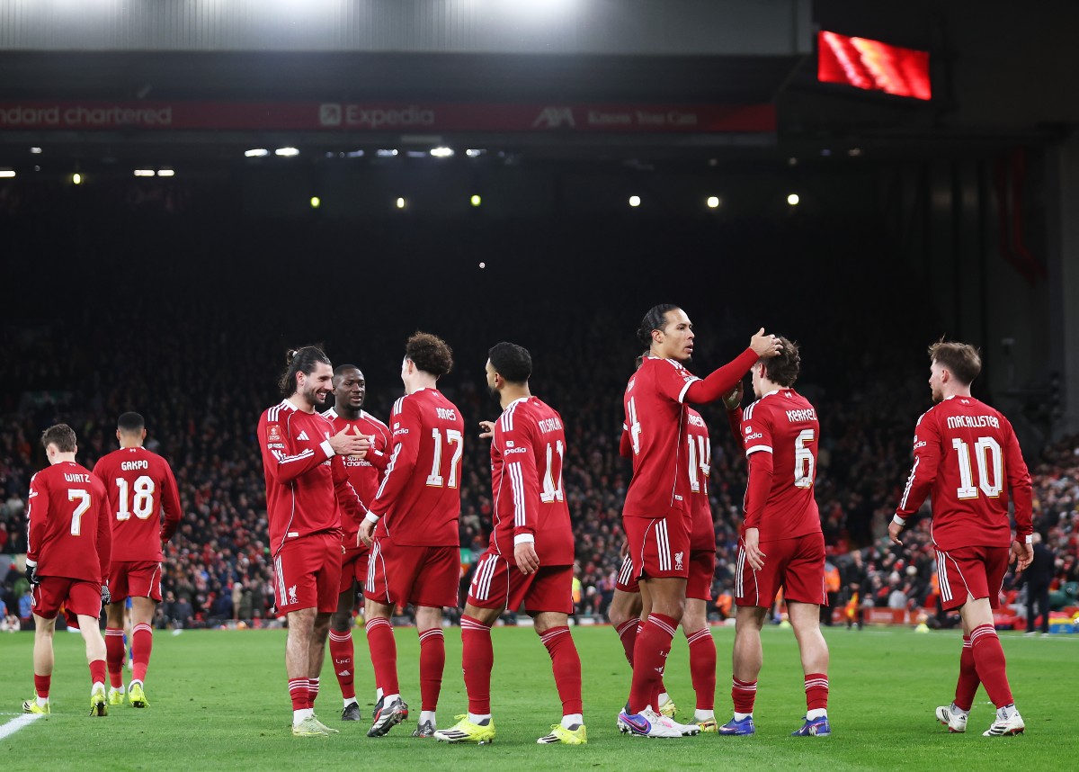 Liverpool players celebrate during the FA Cup win vs Brighton