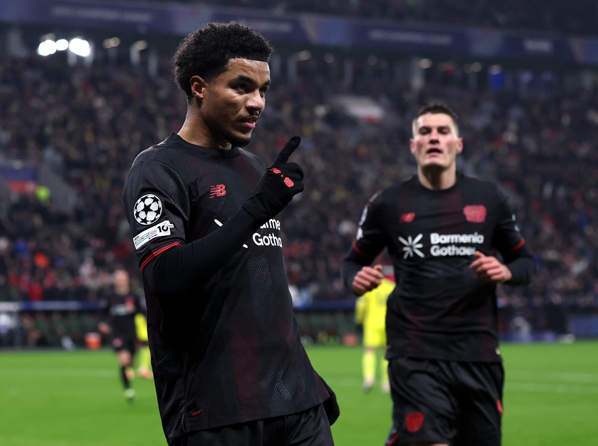 Malik Tillman celebrates a goal for Bayer Leverkusen