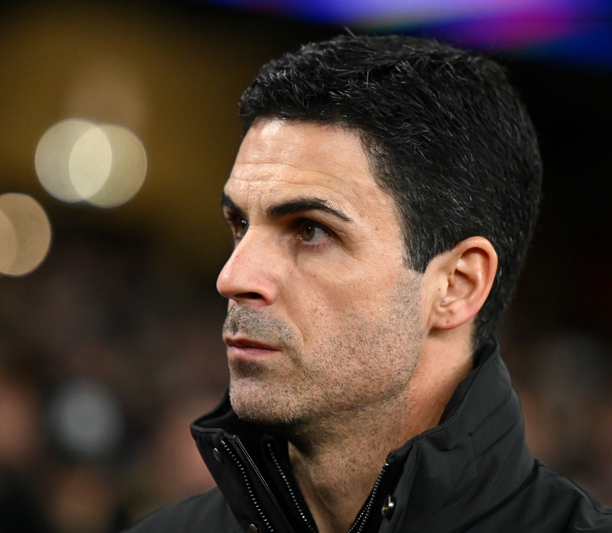 Mikel Arteta looks on during Arsenal's win vs Kairat