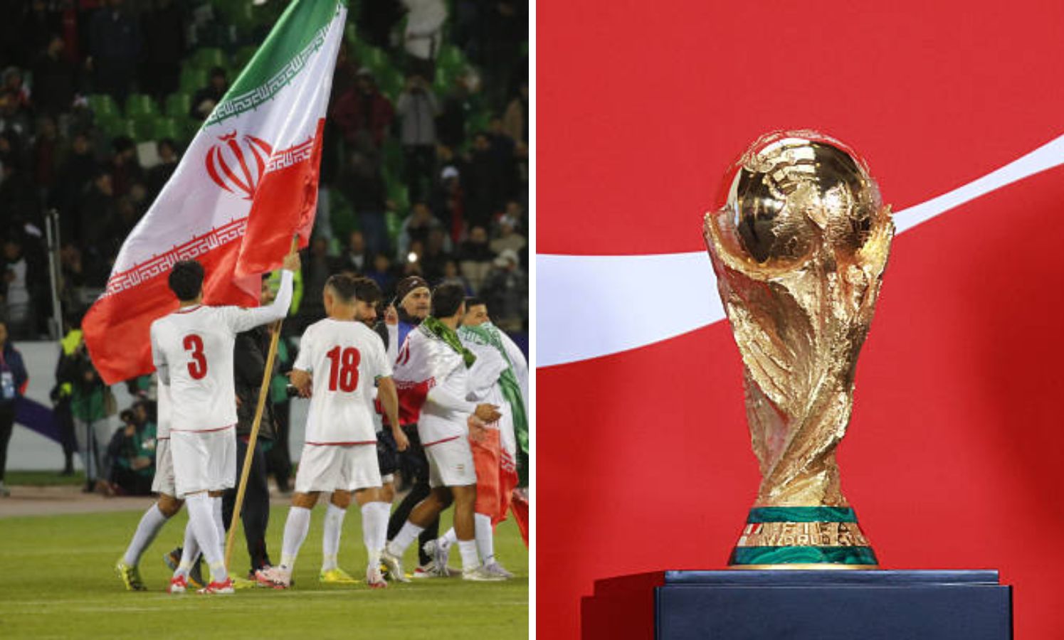 Split image of Iran football team and World Cup trophy