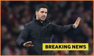 Mikel Arteta and 'breaking news' banner