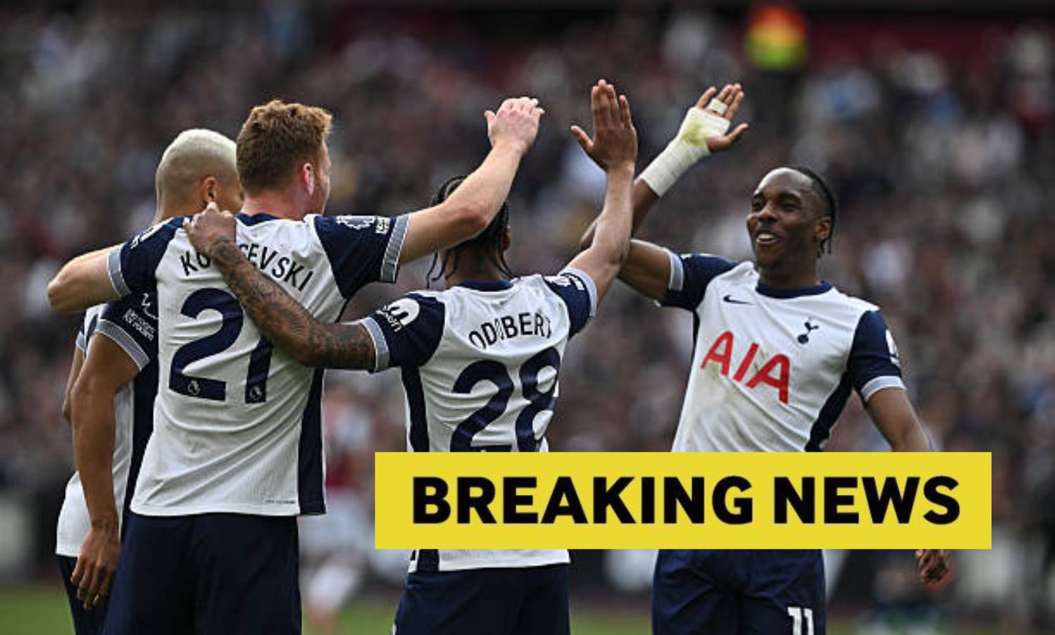 Tottenham players with overlay of breaking news