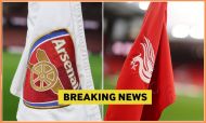 Arsenal and Liverpool logos, and 'breaking news' banner