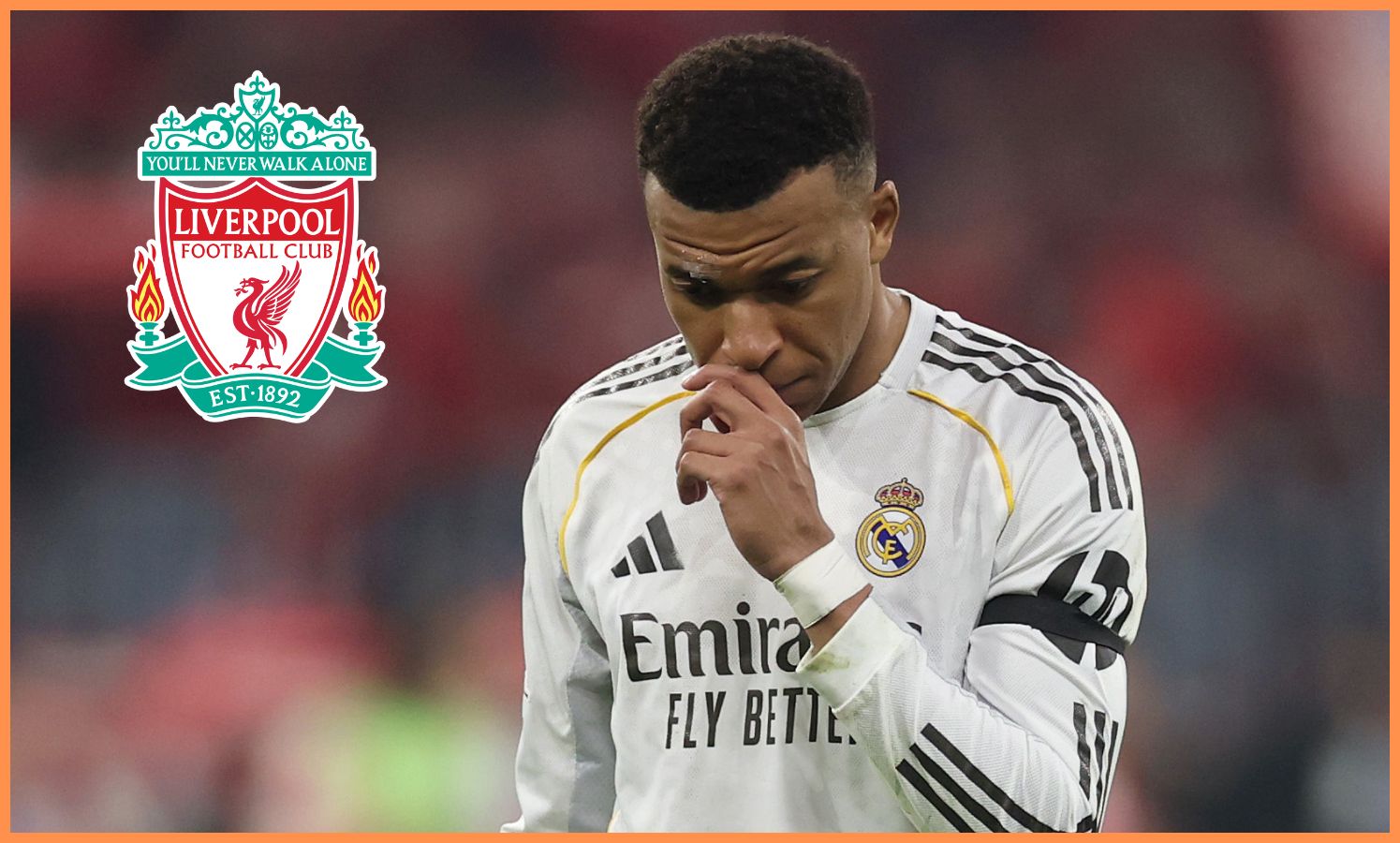 Kylian Mbappe of Real Madrid and Liverpool FC logo