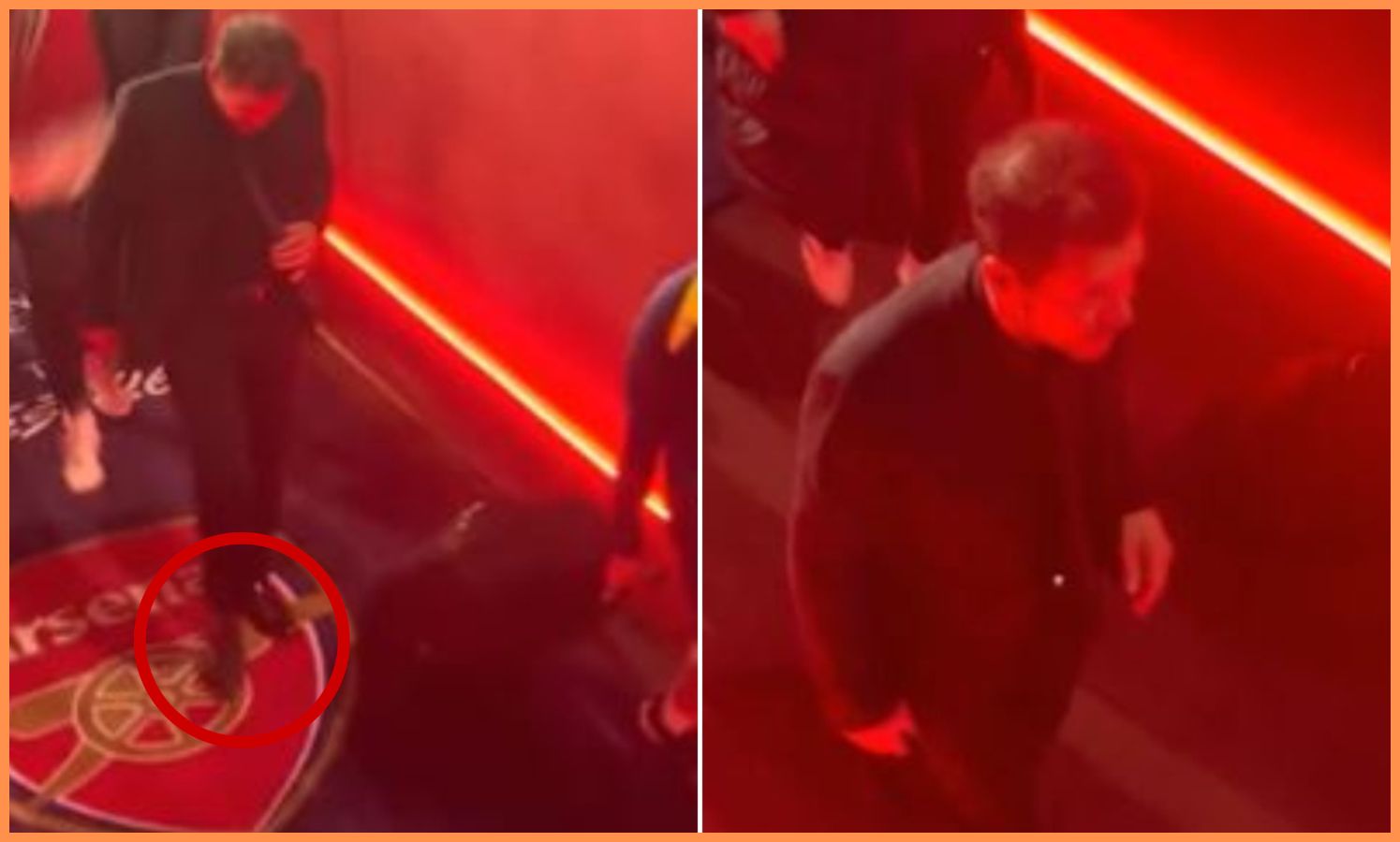 Diego Simeone walking on the Arsenal badge