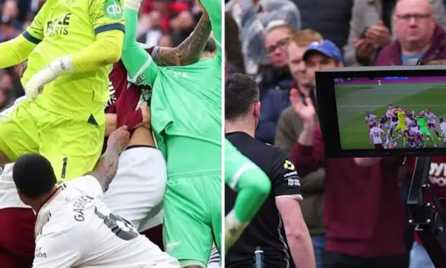 Split image of Gabriel pulling Pablo sirt and referee looking at VAR during Arsenal vs West Ham