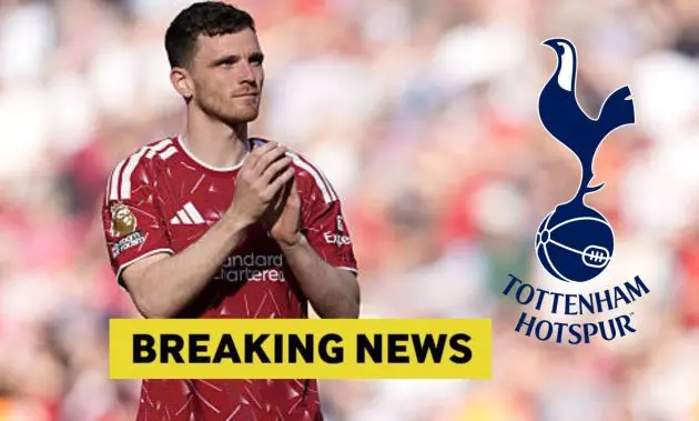Andy Robertson with overlay of breaking news and spurs logo