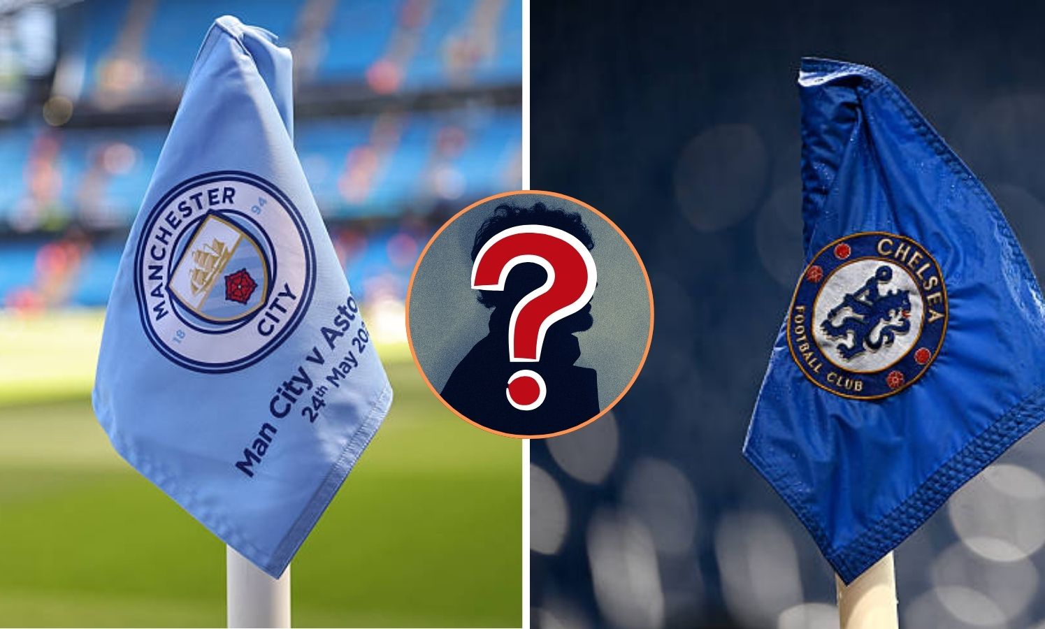 Split image of Man City flag and Chelsea flag with mystery player overlay