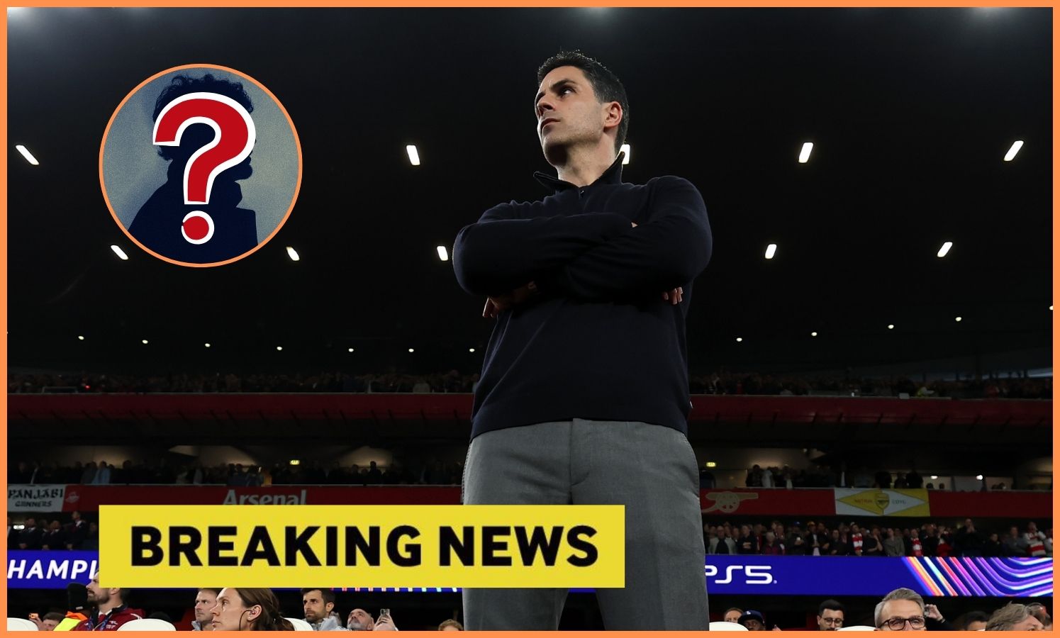 Arsenal manager Mikel Arteta looks on, and 'breaking news' banner