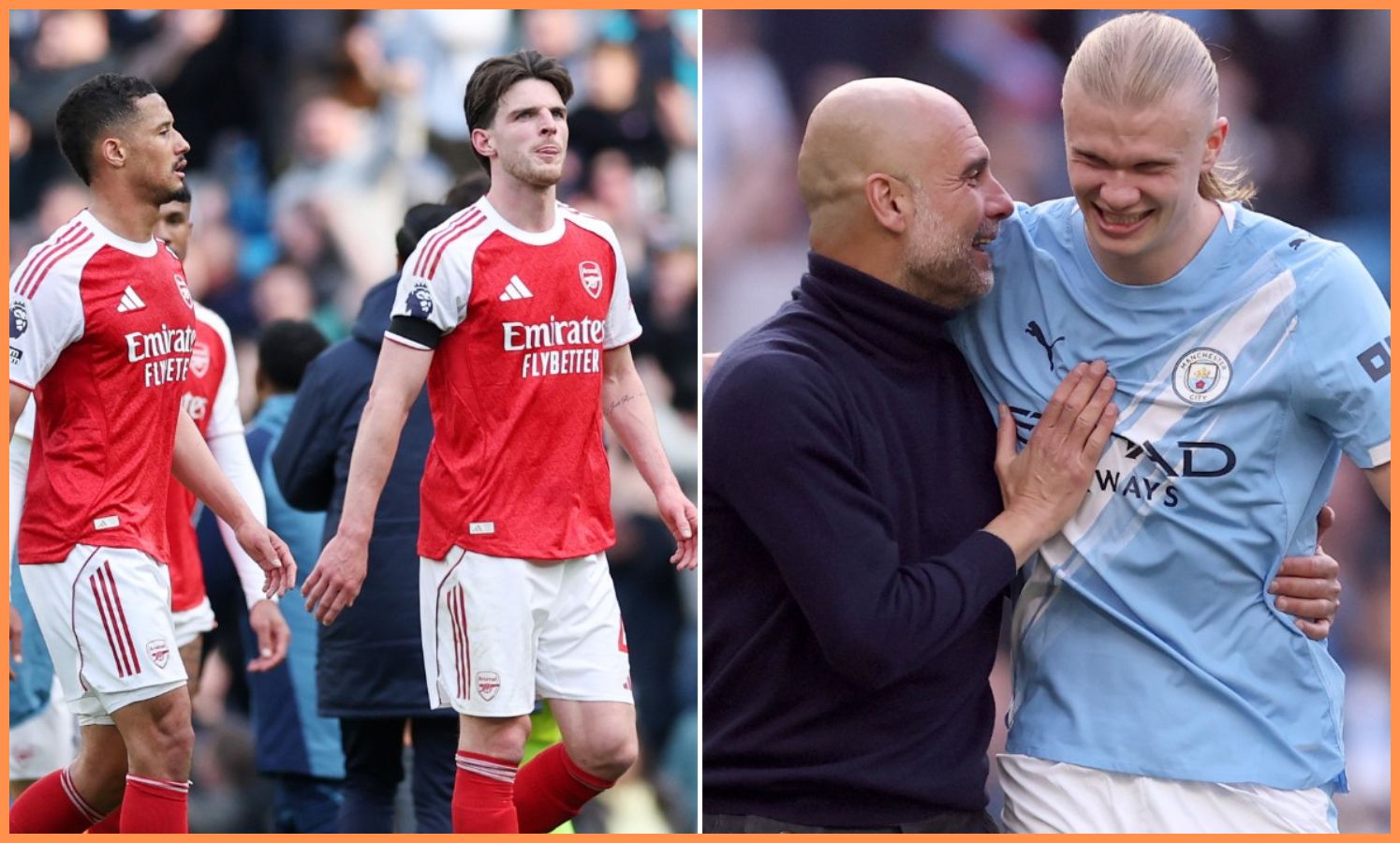 William Saliba, Declan Rice, Pep Guardiola, and Erling Haaland