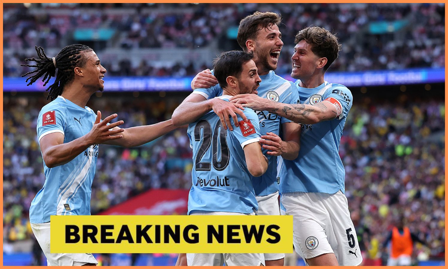 John Stones celebrates with his Man City teammates