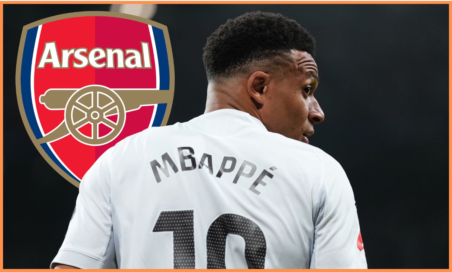 Kylian Mbappe of Real Madrid and the Arsenal logo