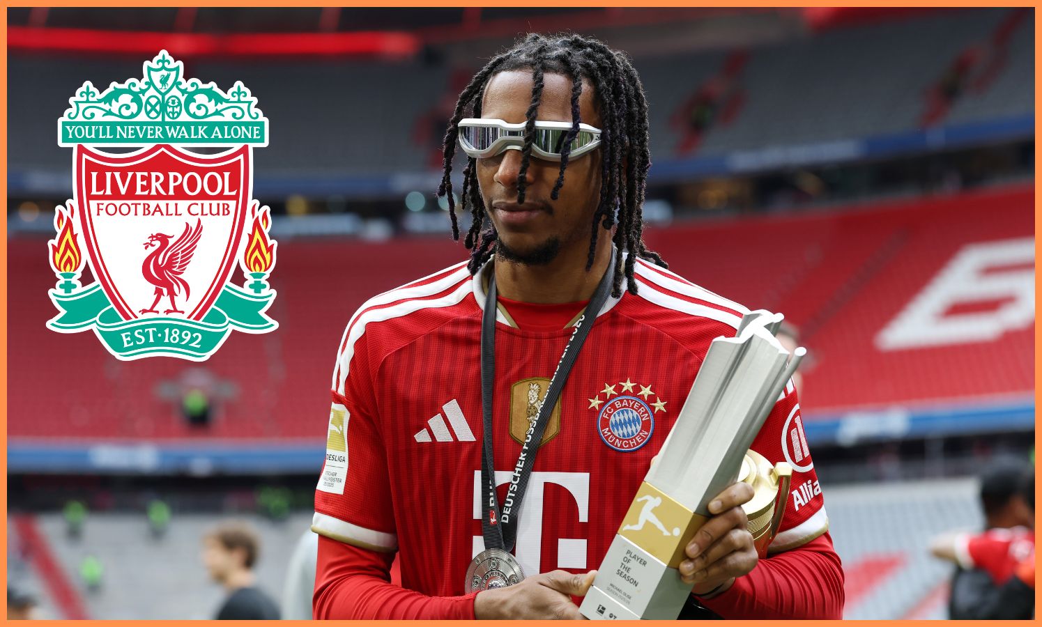 Michael Olise celebrating Bayern Munich's Bundesliga win