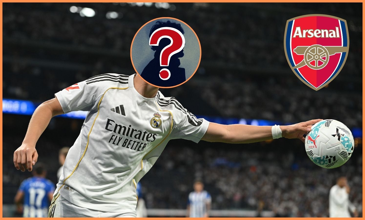 Arda Guler of Real Madrid and Arsenal FC logo