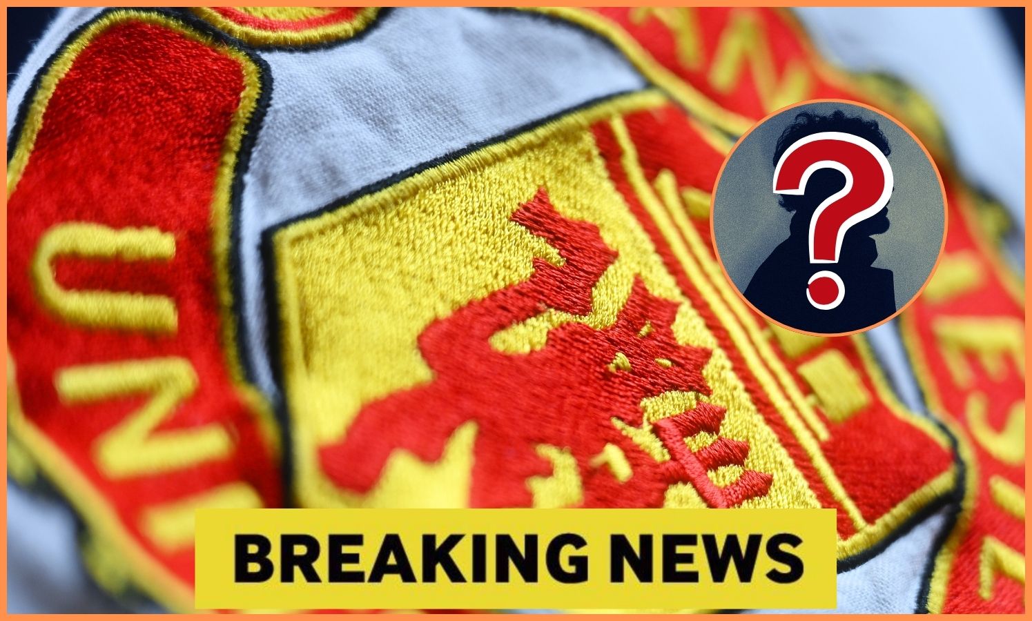 Manchester United logo close-up and 'breaking news' banner