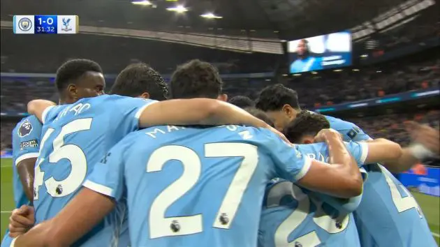 Man City players celebrating Antoine Semenyo opener vs Crystal Palace