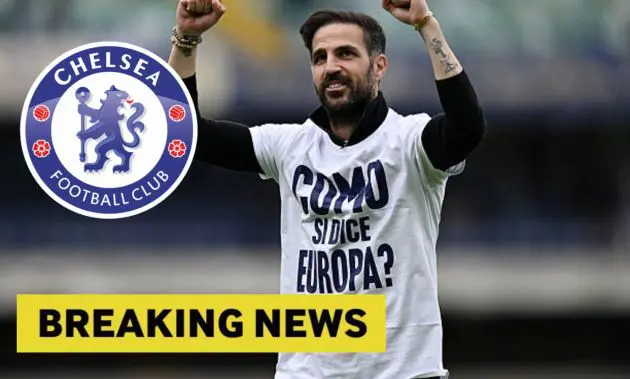 Cesc Fabregas celebrating with Como with overlay of chelsea logo and breaking news