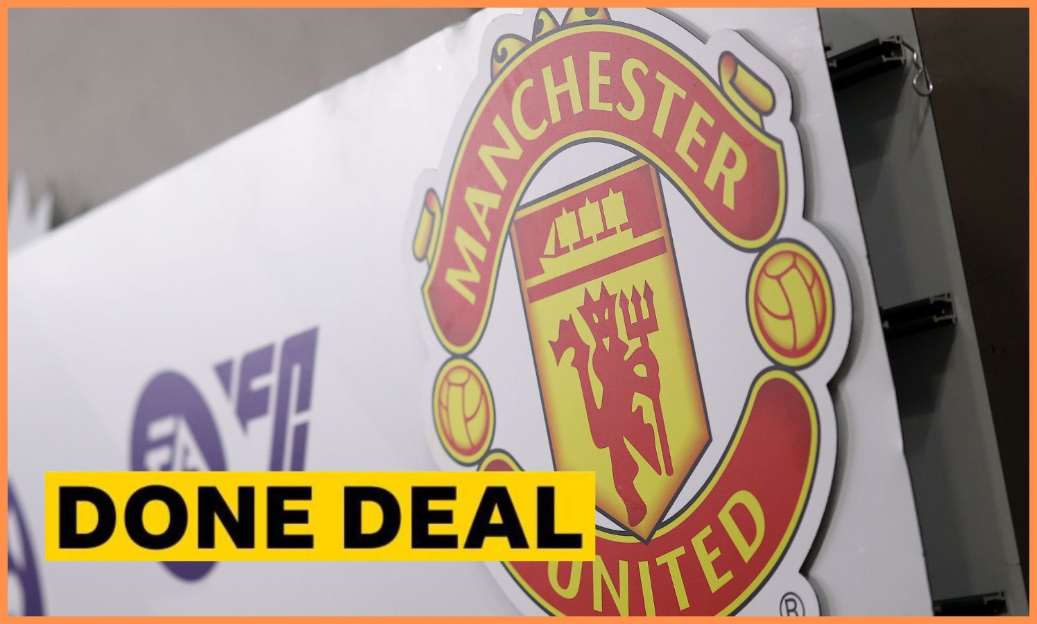 Manchester United logo and 'done deal' banner