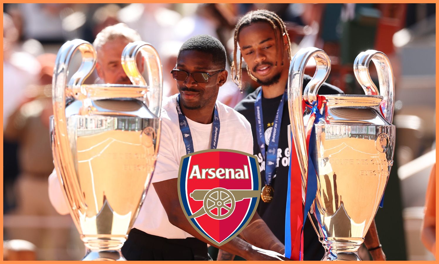 Bradley Barkola e Ousmane Dembele com o troféu da Liga dos Campeões