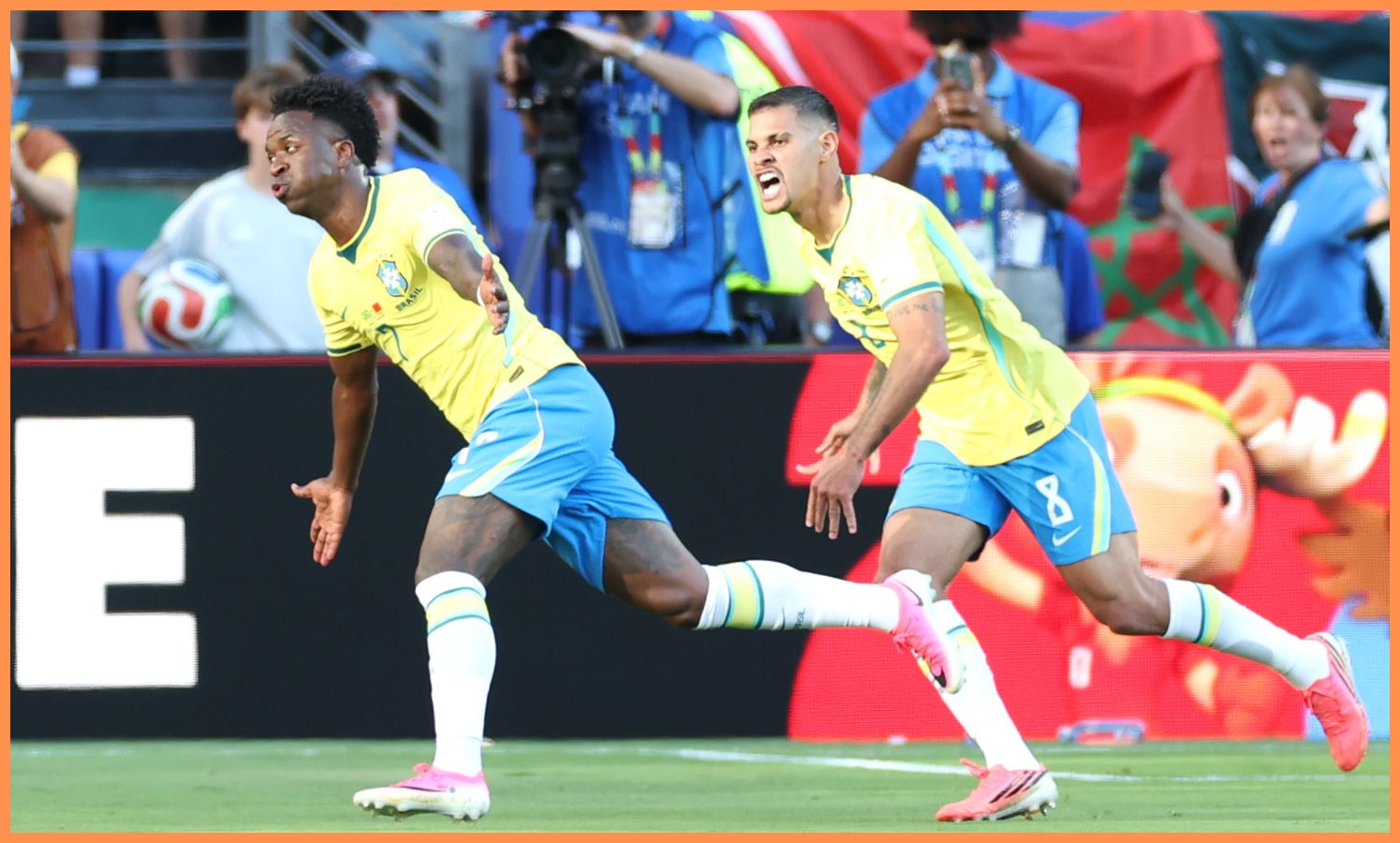 Vinicius Junior celebrates scoring for Brazil against Morocco