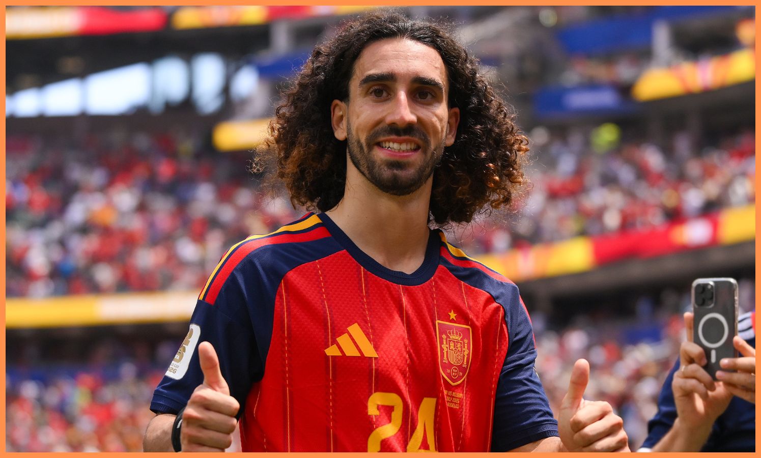 Marc Cucurella celebrates Spain's win vs Belgium at the World Cup