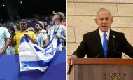 Split image of Argentina fans with Israeli flag and Benjamin Netanyahu