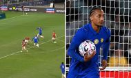 Split image of Joao Pedro shooting and celebrating for Chelsea