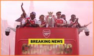 Martin Odegaard and his Arsenal teammates at the team's title parade